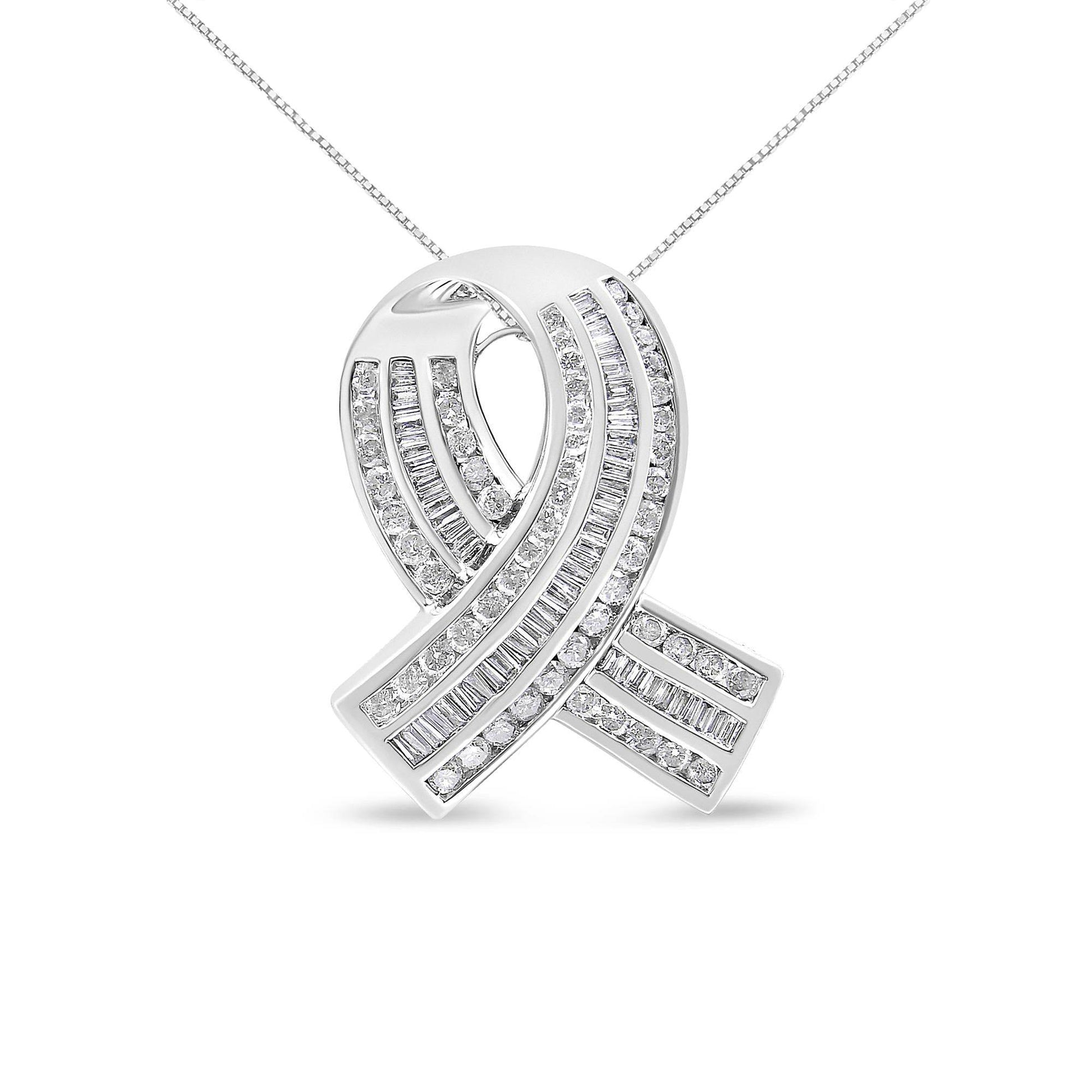 14K White Gold 2 5/8 Cttw Channel Set Round and Baguette Diamond Awareness Ribbon Pendant (H-I Color, I1-I2 Clarity) - Chain Not Included - Bijoux-NYC Direct