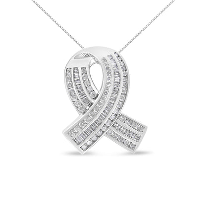 14K White Gold 2 5/8 Cttw Channel Set Round and Baguette Diamond Awareness Ribbon Pendant (H-I Color, I1-I2 Clarity) - Chain Not Included - Bijoux-NYC Direct