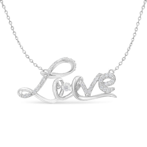 Silver 'LOVE' necklace on a white background