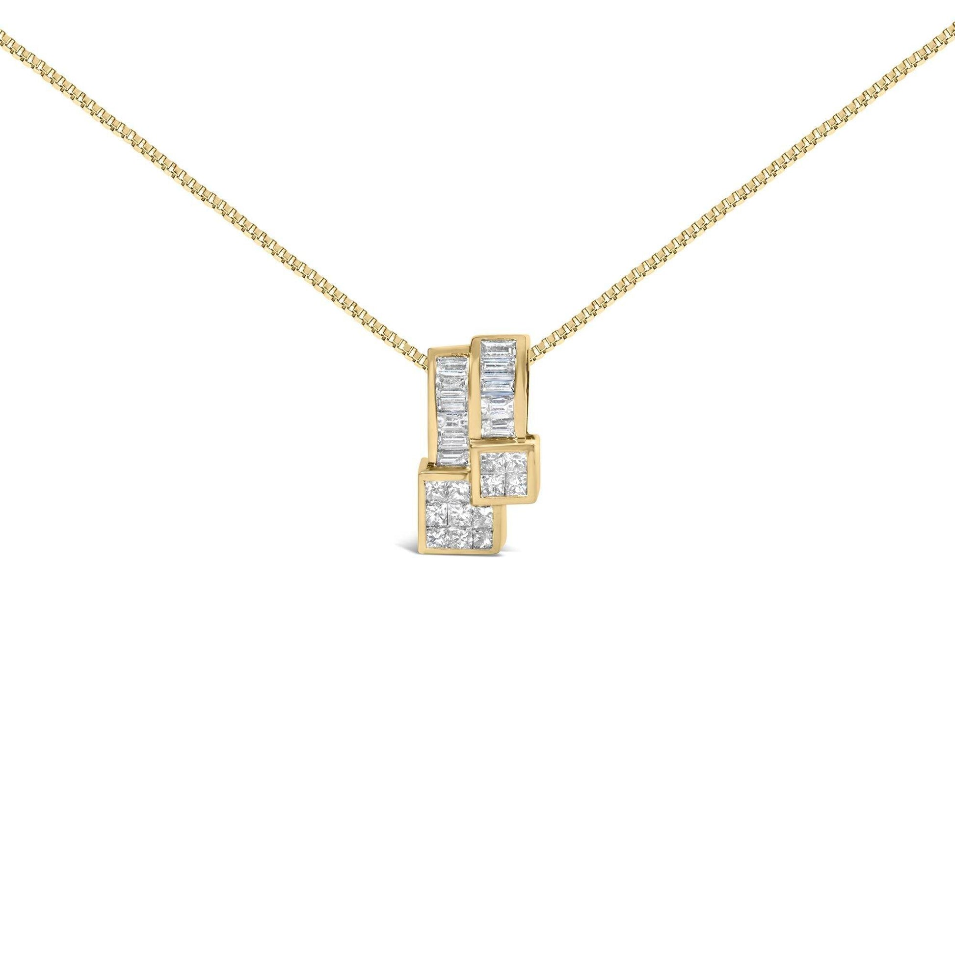 14K Yellow Gold 1 1/2 cttw Princess and Baguette Cut Diamond Geometric Pendant Necklace (H-I Color, VS1-VS2 Clarity) - Bijoux-NYC Direct