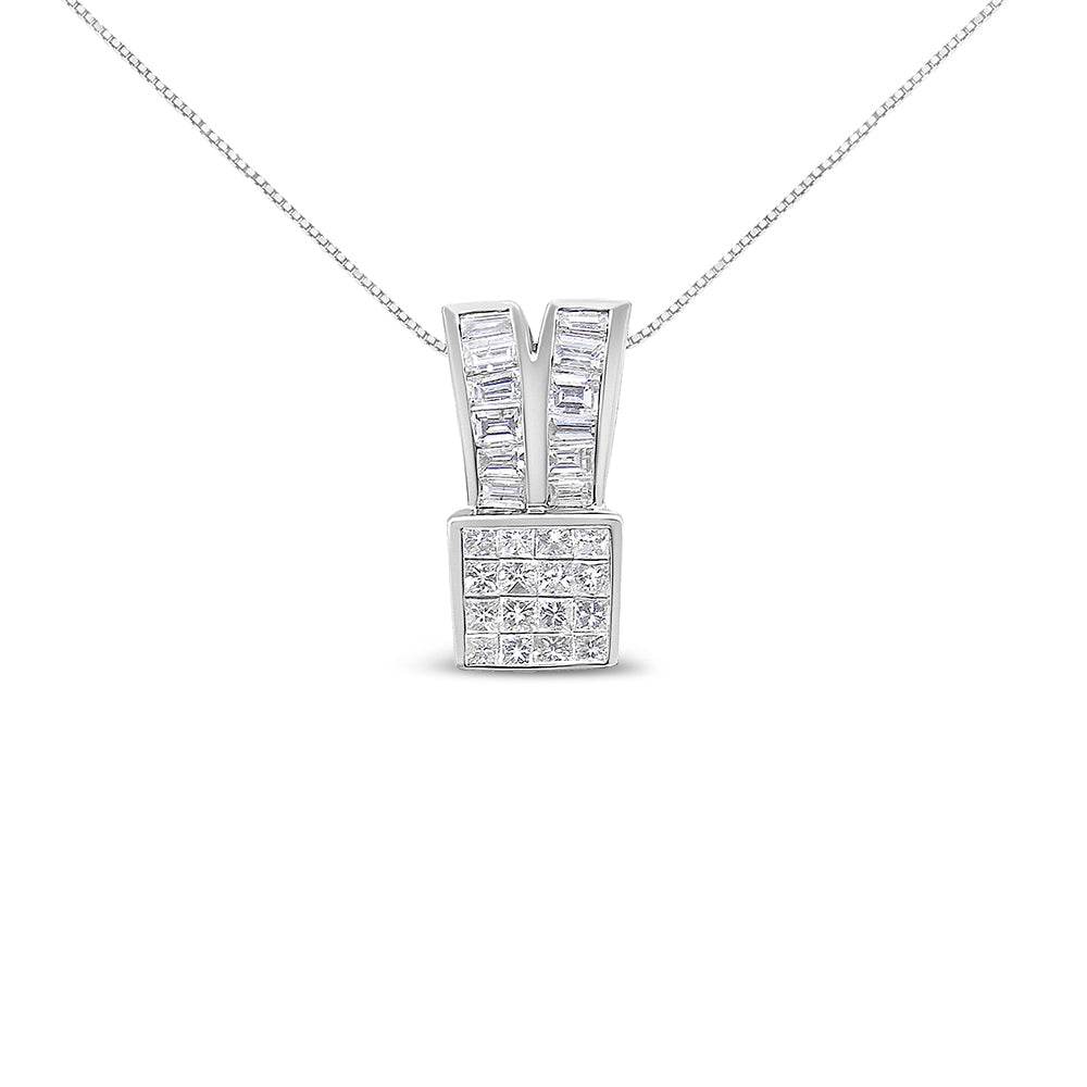 14K White Gold 1 5/8 cttw Princess and Baguette Cut Diamond Heart Ribbon Pendant Necklace (G-H, VS1-VS2) - Bijoux-NYC Direct