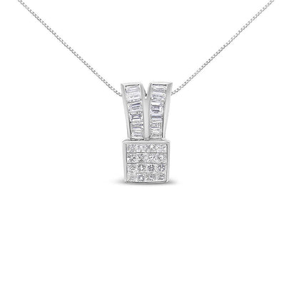 14K White Gold 1 5/8 cttw Princess and Baguette Cut Diamond Heart Ribbon Pendant Necklace (G-H, VS1-VS2) - Bijoux-NYC Direct