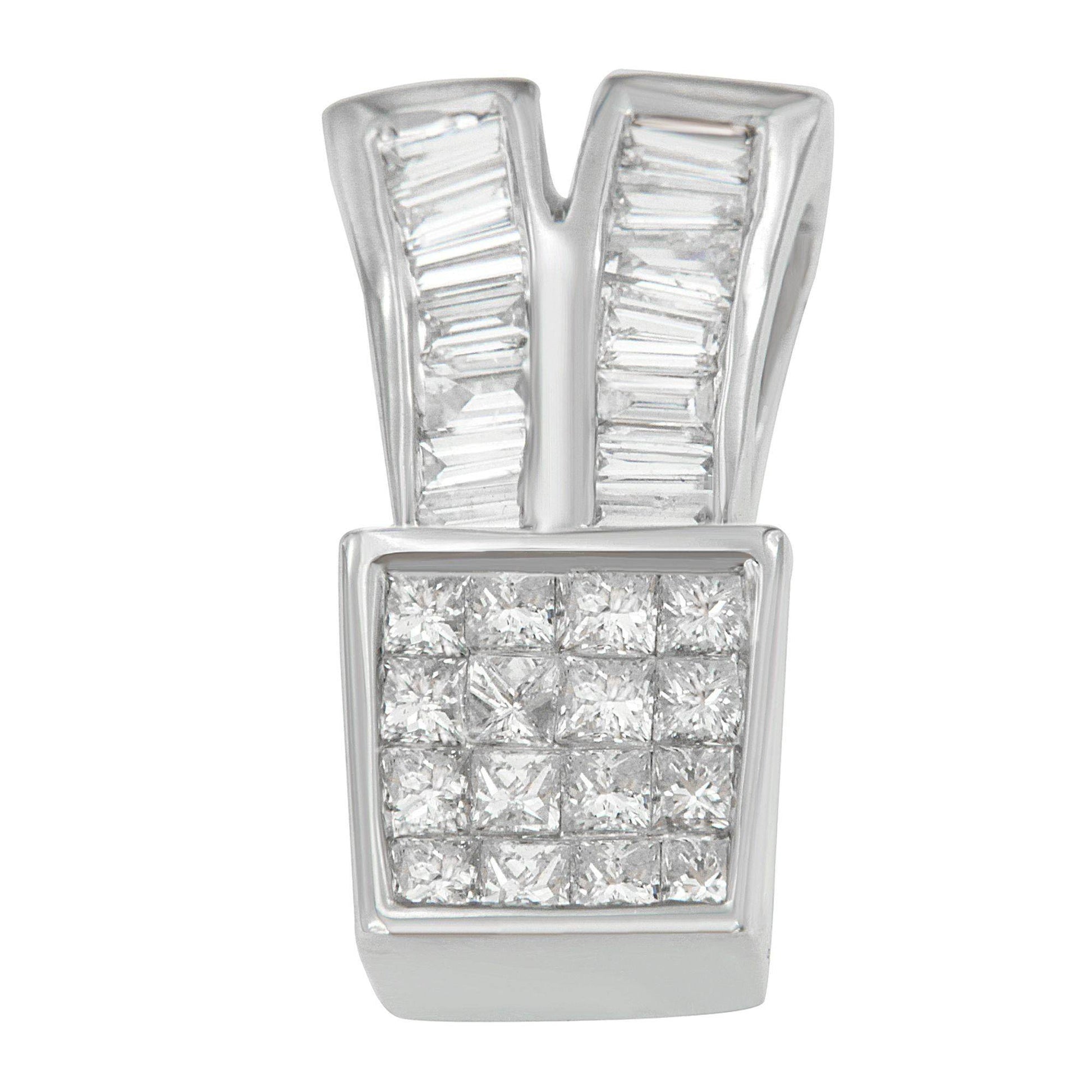 14K White Gold 1 1/3 cttw Princess and Baguette Cut Diamond Sparkling Shapes Pendant Necklace (H-I, SI1-SI2) - Bijoux-NYC Direct