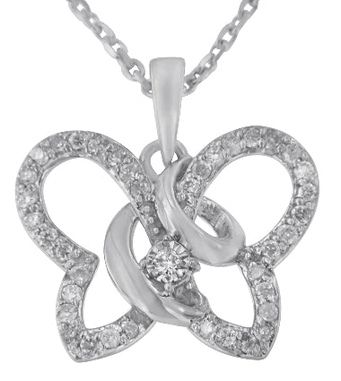 Silver necklace with a double heart pendant on a white background