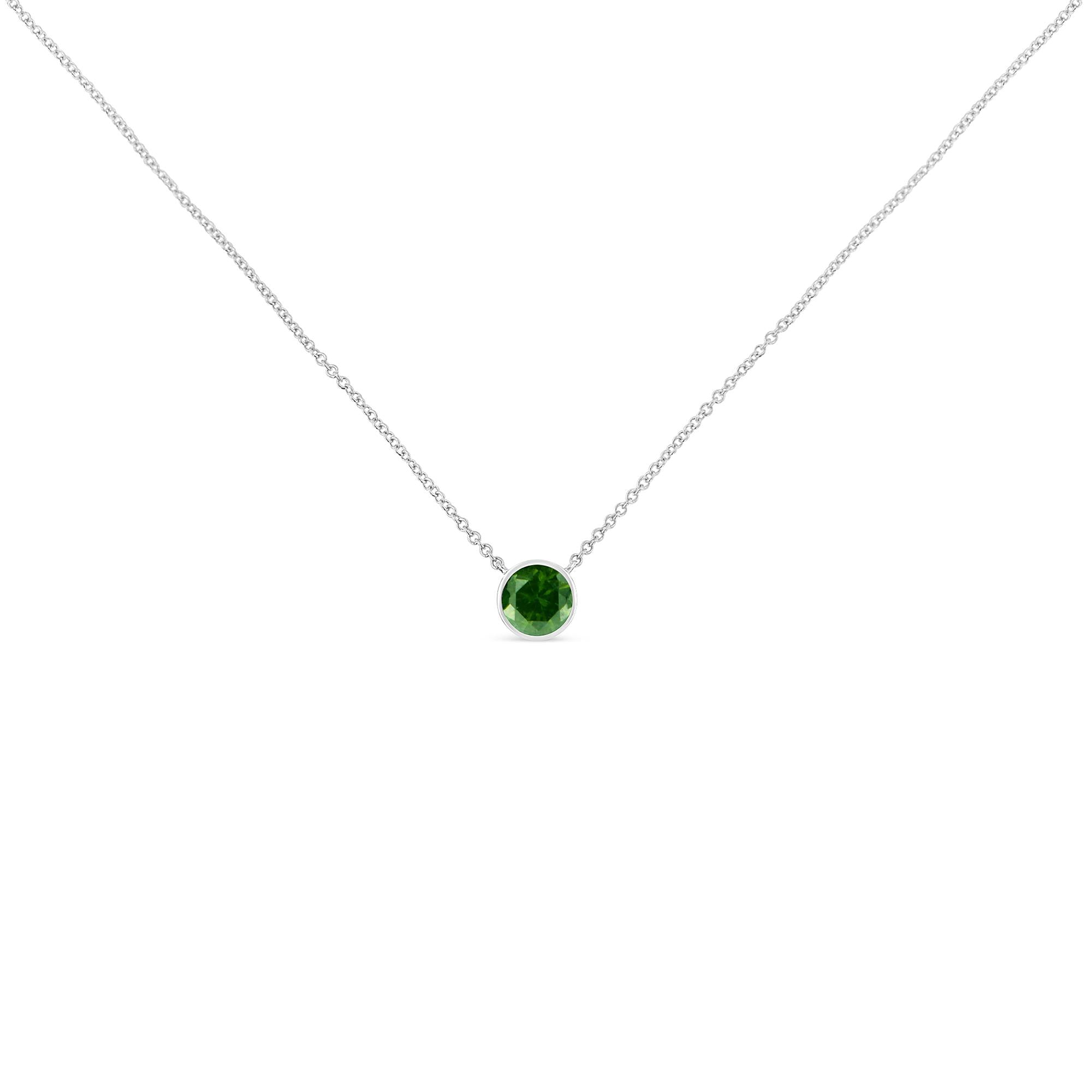 .925 Sterling Silver 1/5 Cttw Bezel Set Solitaire Treated Green Diamond 18" Pendant Necklace (Treated Green Color, I2-I3 Clarity) - Bijoux-NYC Direct