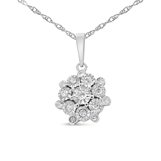 .925 Sterling Silver 1/4 cttw Diamond Floral Cluster Pendant Necklace (I-J, I2-I3) - Bijoux-NYC Direct