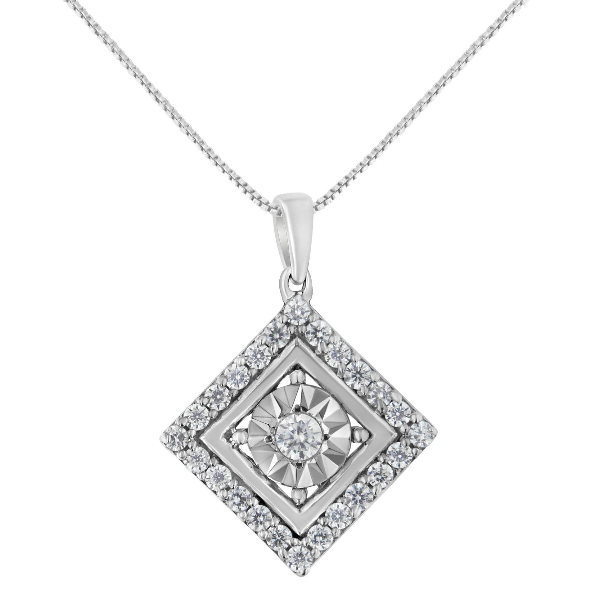 10KT White Gold 1/2 cttw Diamond Square Pendant Necklace (I-J Color, I2-I3 Clarity) - Bijoux-NYC Direct