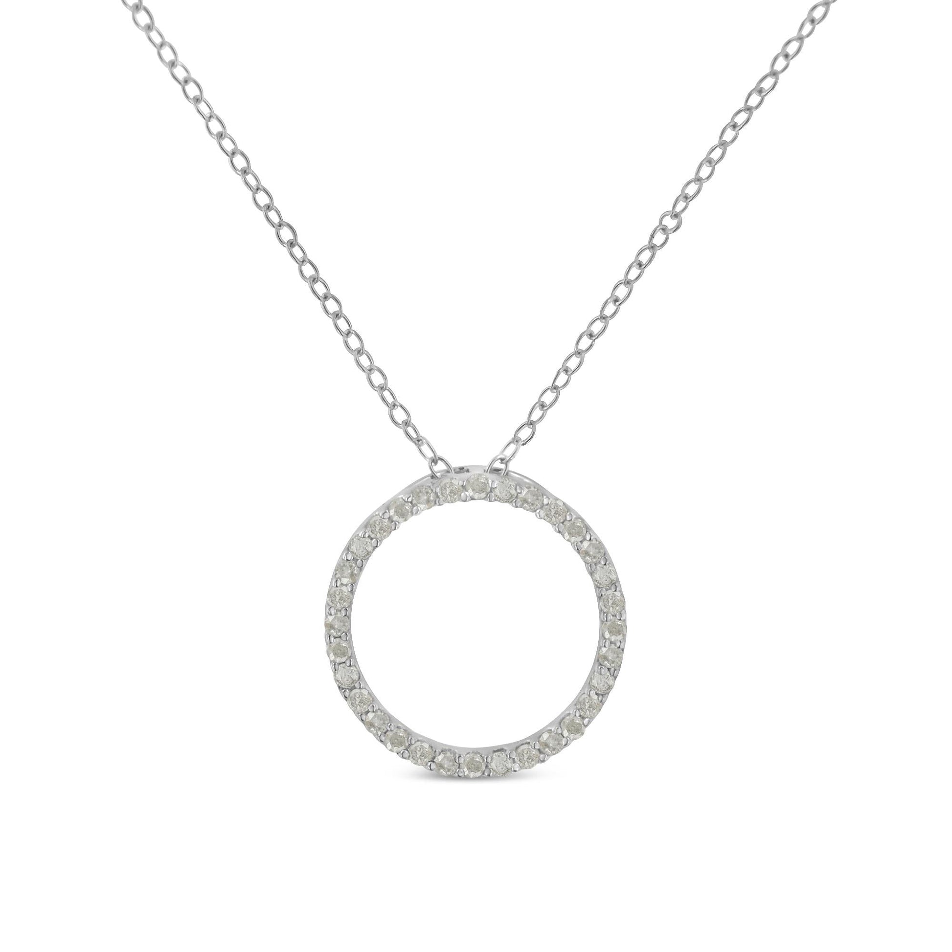 .925 Sterling Silver 1/3 Cttw Round-cut Diamond Open Circle Halo 18" Pendant Necklace (I-J Color, I2-I3 Clarity) - Bijoux-NYC Direct