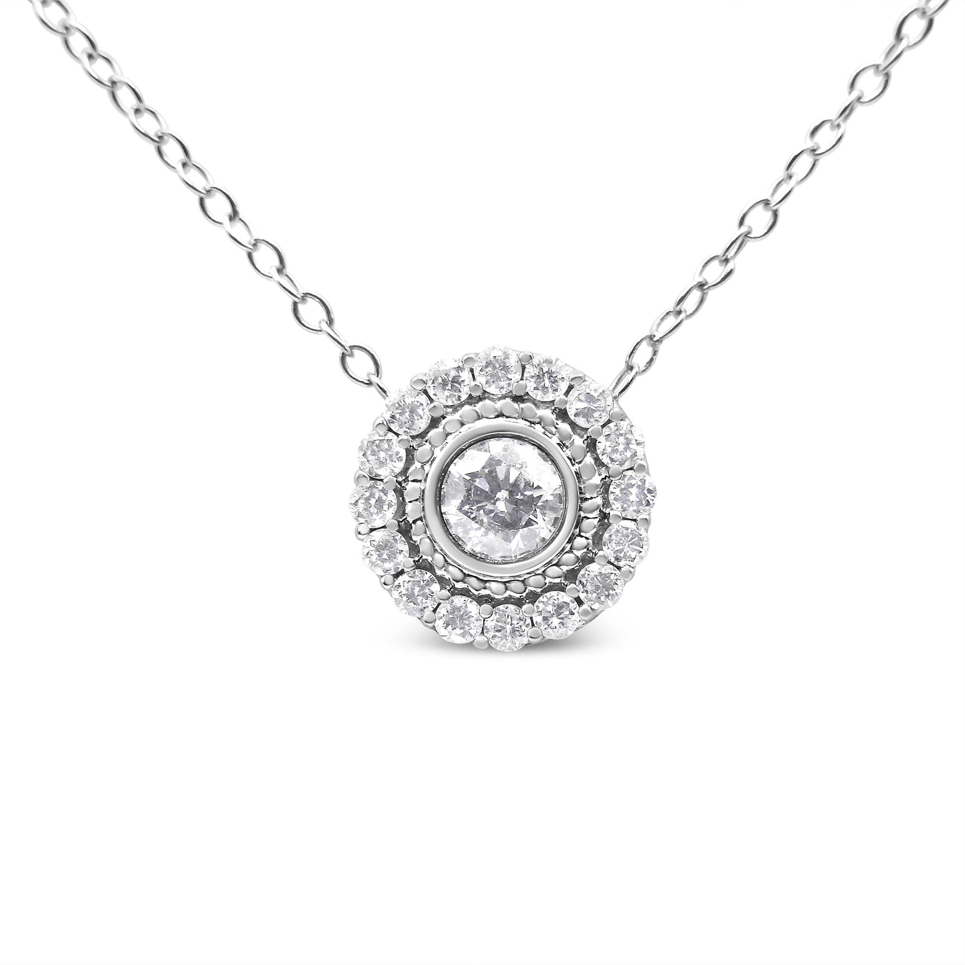 .925 Sterling Silver 1/2 Cttw Round Diamond Halo Circle Pendant 18" Necklace (I-J Color, I2-I3 Clarity) - Bijoux-NYC Direct