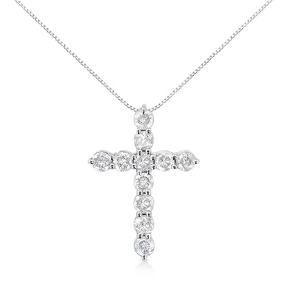 .925 Sterling Silver 1.0 Cttw Prong Set Round-Cut Diamond Cross 18" Pendant Necklace (I-J Color, I2-I3 Clarity) - Bijoux-NYC Direct