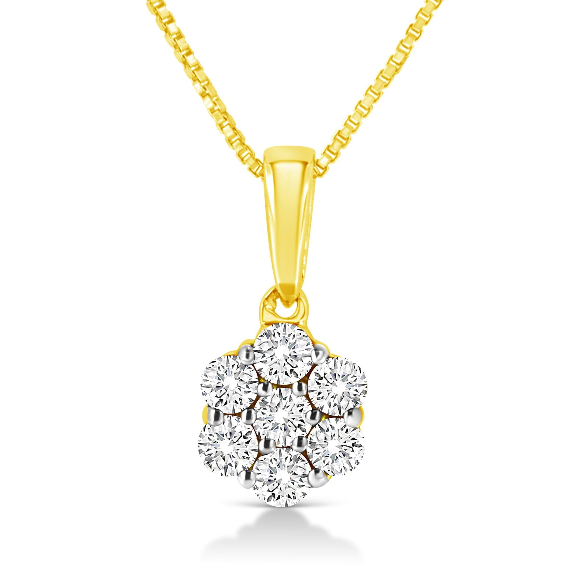 14K Yellow Gold 1/4 Cttw Prong Set Round-Cut Diamond 7 Stone Floral Cluster 18" Pendant Necklace (H-I Color, I1-I2 Clarity) - Bijoux-NYC Direct
