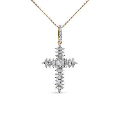 10K Yellow Gold 7/8 Cttw Round & Baguette Diamond Zigzag Pattern Cross Pendant Necklace (H-I Color, SI2-I1 Clarity) - NO CHAIN INCLUDED - Bijoux-NYC Direct