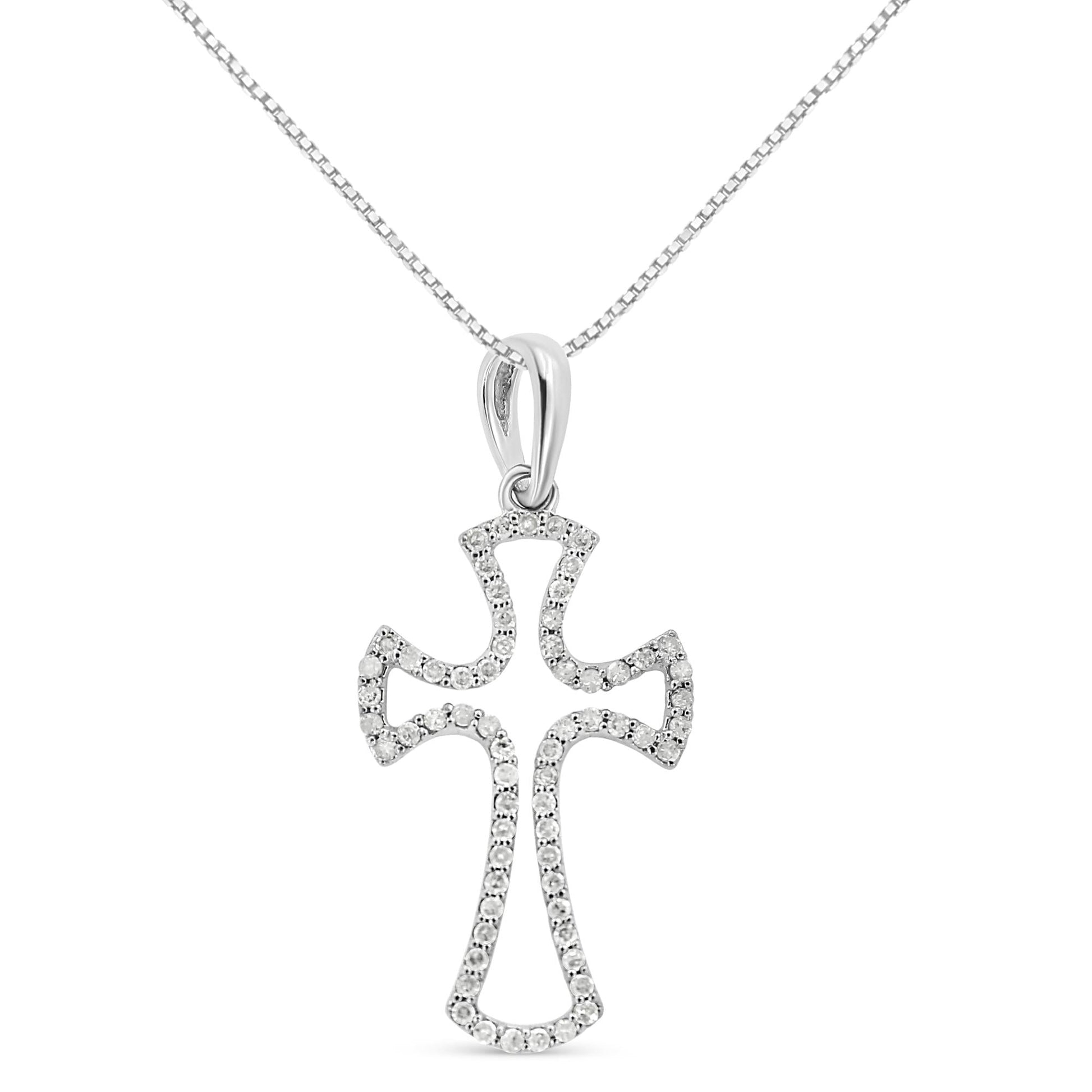 .925 Sterling Silver 1/3 Cttw Diamond Framed Open Cross 18" Pendant Necklace (J-K Color, I2-I3 Clarity) - Bijoux-NYC Direct