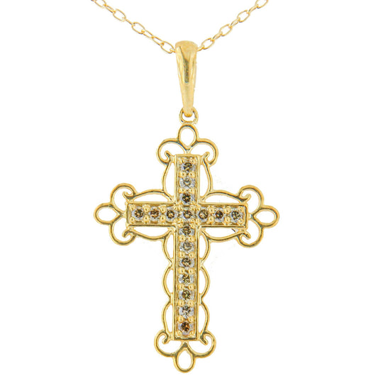 10K Yellow Flashed .925 Sterling Silver 1/4 Cttw Champagne Diamond Filigree Cross Pendant Necklace (K-L Color, I1-I2 Clarity) - 18" - Bijoux-NYC Direct