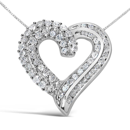 .925 Sterling Silver 1.0 Cttw Prong & Channel-Set Diamond Open work Ribbon Heart Pendant 18" Necklace (I-J Color, I3 Clarity) - Bijoux-NYC Direct