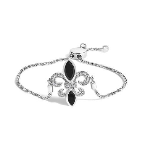Silver bracelet with a black and white floral design on a white background