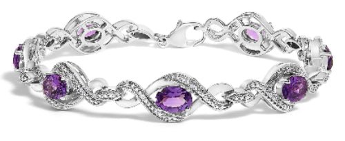 Silver bracelet with purple gemstones on a white background