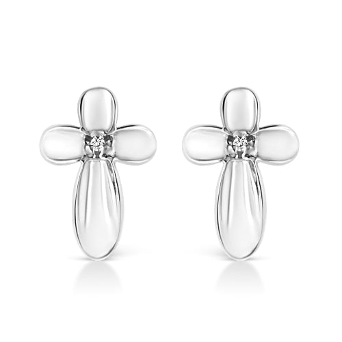 Pair of silver flower-shaped earrings on a white background
