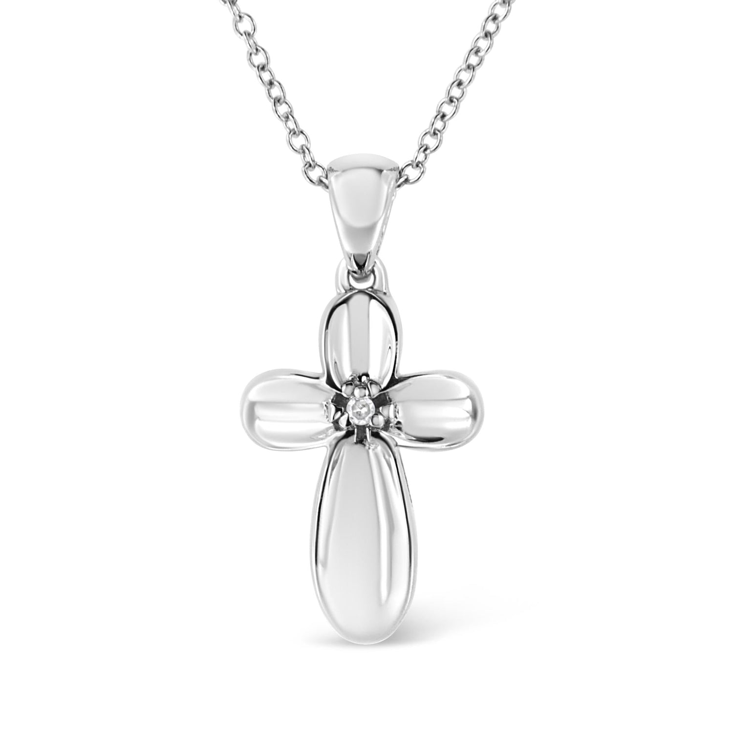 .925 Sterling Silver Prong-Set Diamond Accent Floral Cross 18" Pendant Necklace (I-J Color, I1-I2 Clarity) - Bijoux-NYC Direct