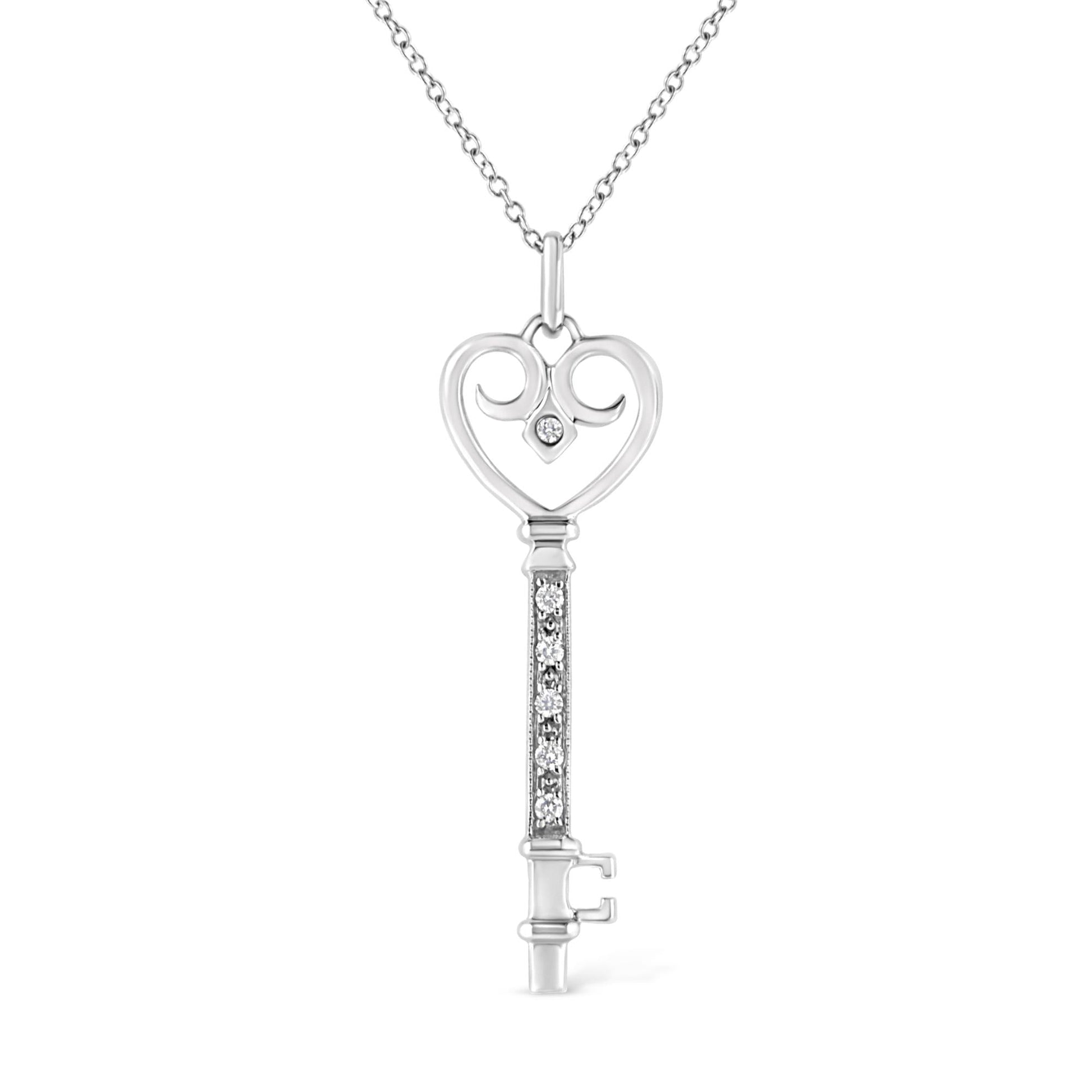 .925 Sterling Silver Pave and Bezel-Set Diamond Accent Key 18" Heart and Lock Pendant Necklace (K-L Color, I1-I2 Clarity) - Bijoux-NYC Direct