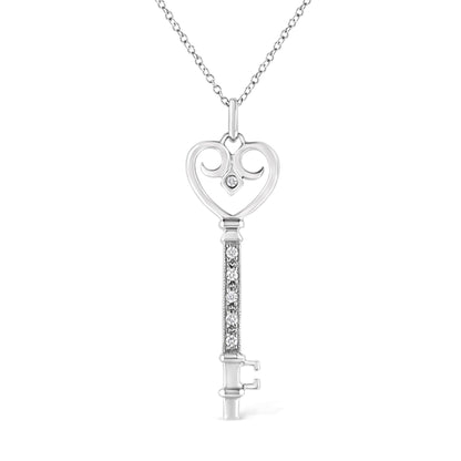 .925 Sterling Silver Pave and Bezel-Set Diamond Accent Key 18" Heart and Lock Pendant Necklace (K-L Color, I1-I2 Clarity) - Bijoux-NYC Direct
