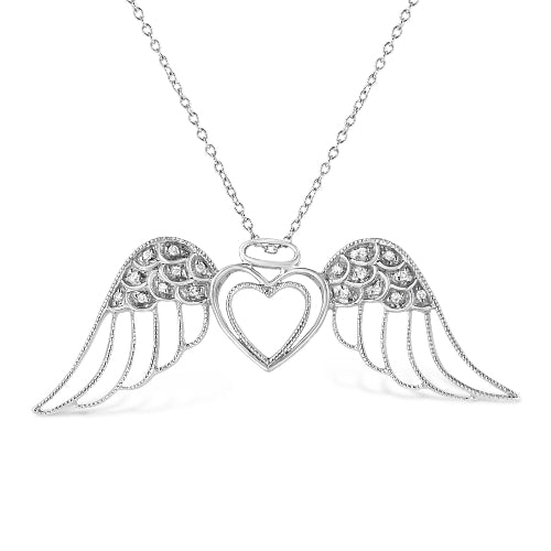 Silver necklace with heart and wing pendant on a white background