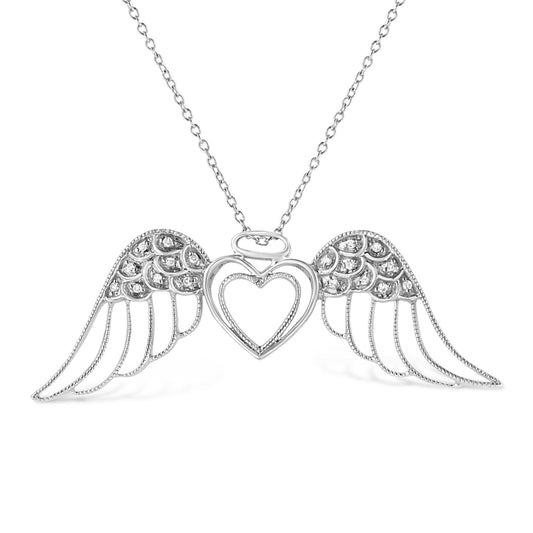 .925 Sterling Silver Pave-Set Diamond Accent Angel Wing 18" Double Heart Pendant Necklace (I-J Color, I1-I2 Clarity) - Bijoux-NYC Direct