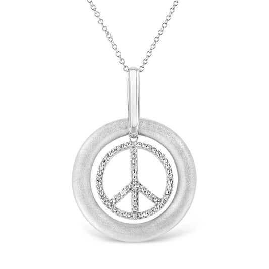 Matte Finish .925 Sterling Silver Diamond Accent Dancing Peace Sign 18" Pendant Necklace (I-J Color, I1-I2 Clarity) - Bijoux-NYC Direct