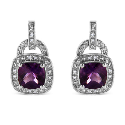 .925 Sterling Silver 8MM Natural Cushion Shaped Amethyst and Diamond Accent Halo with Push Back Dangle Earrings (I-J Color, I2-I3 Clarity) - Bijoux-NYC Direct