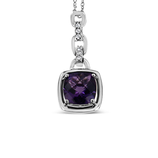 .925 Sterling Silver 6x6MM Cushion Shaped Natural Purple Amethyst and Diamond Accented Bale 18" Inch Pendant Necklace (I-J Color, I1-I2 Clarity) - Bijoux-NYC Direct