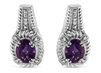Pair of silver earrings with purple gemstones on a white background