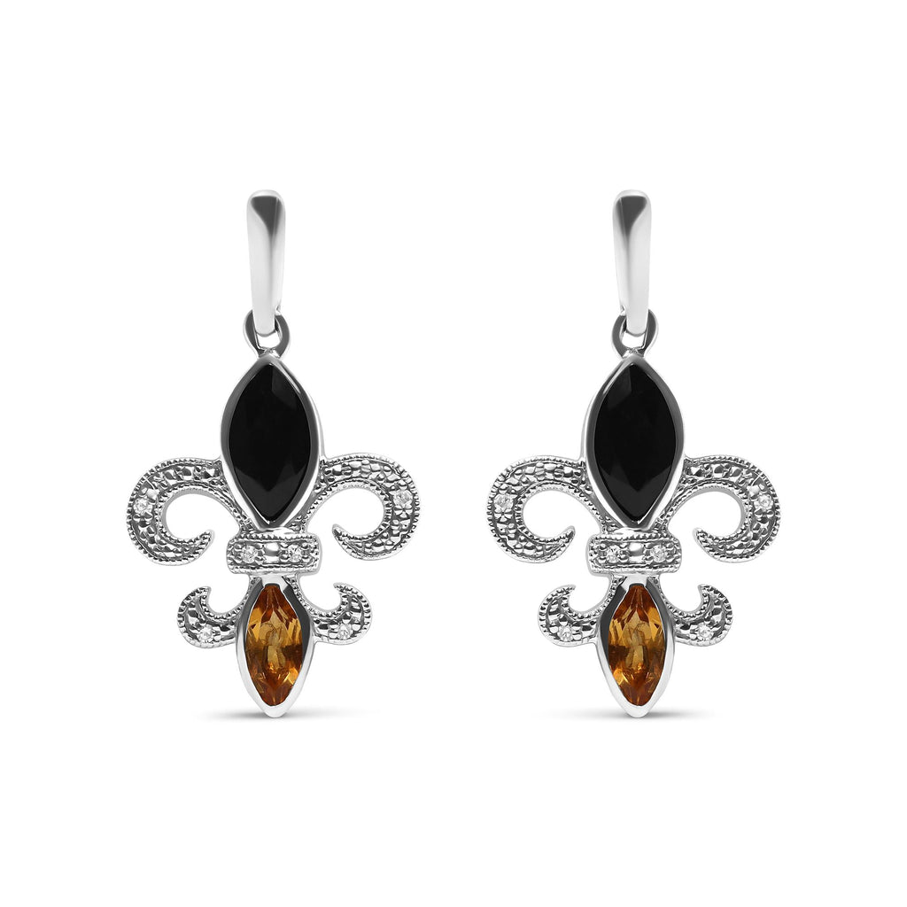 Pair of silver earrings with black and amber stones on a white background