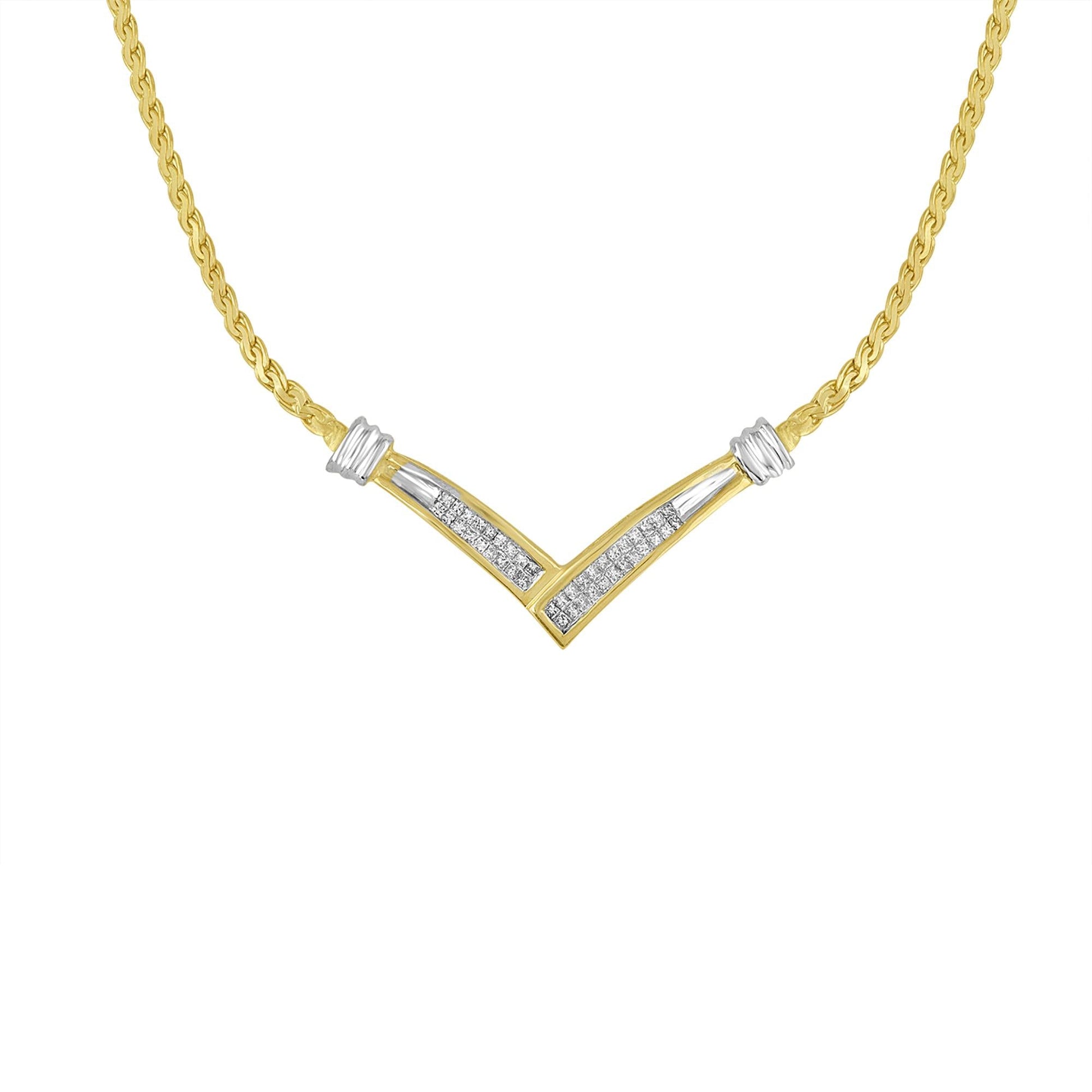 10K Yellow and White Gold 1/2 Cttw Princess Cut Diamond Channel-Set “V” Shape 18" Franco Chain Necklace (H-I Color, SI2-I1 Clarity) - Bijoux-NYC Direct