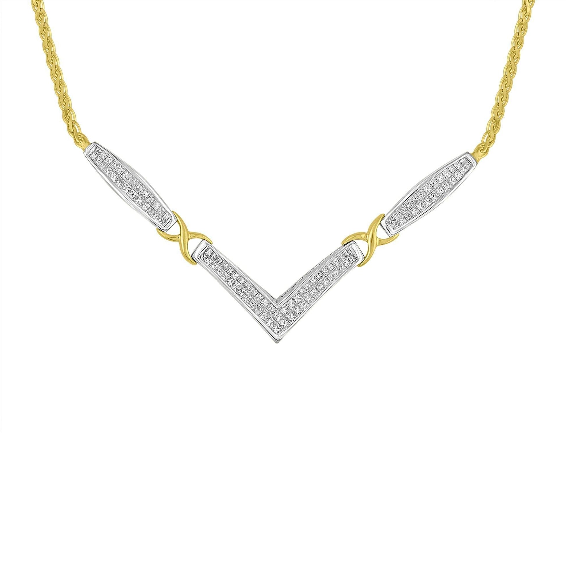 14K Yellow and White Gold 2.0 Cttw Princess Cut Diamond Flared and X-Station V Shaped 18” Franco Chain Statement Necklace (H-I Color, SI2-I1 Clarity) - Bijoux-NYC Direct
