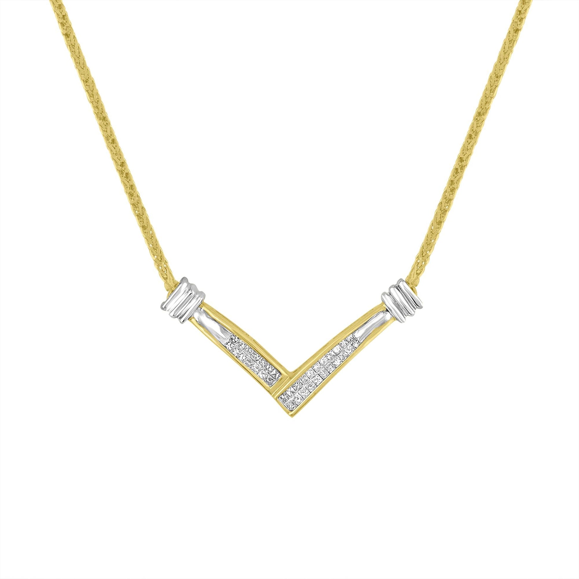 14K Yellow and White Gold 1/4 Cttw Princess Cut Diamond Channel-Set “V” Shape 18" Pendant Necklace (H-I Color, SI2-I1 Clarity) - Bijoux-NYC Direct
