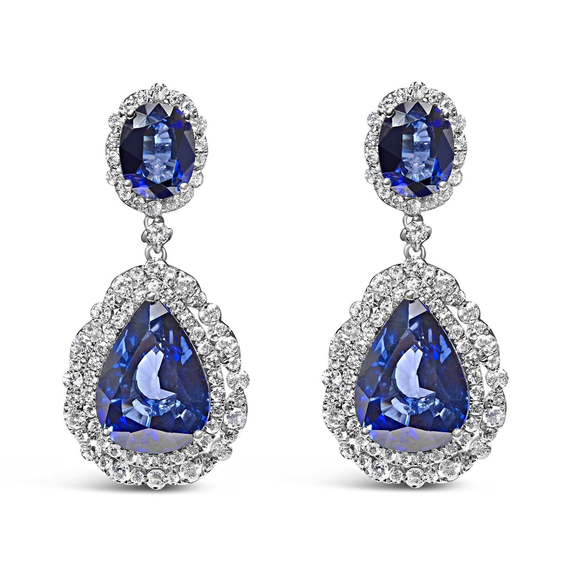 18K White Gold Blue Sapphire 2 3/4 Cttw Diamond Halo Drop Dangle Earring (G-H Color, SI1-SI2 Clarity) - Bijoux-NYC Direct