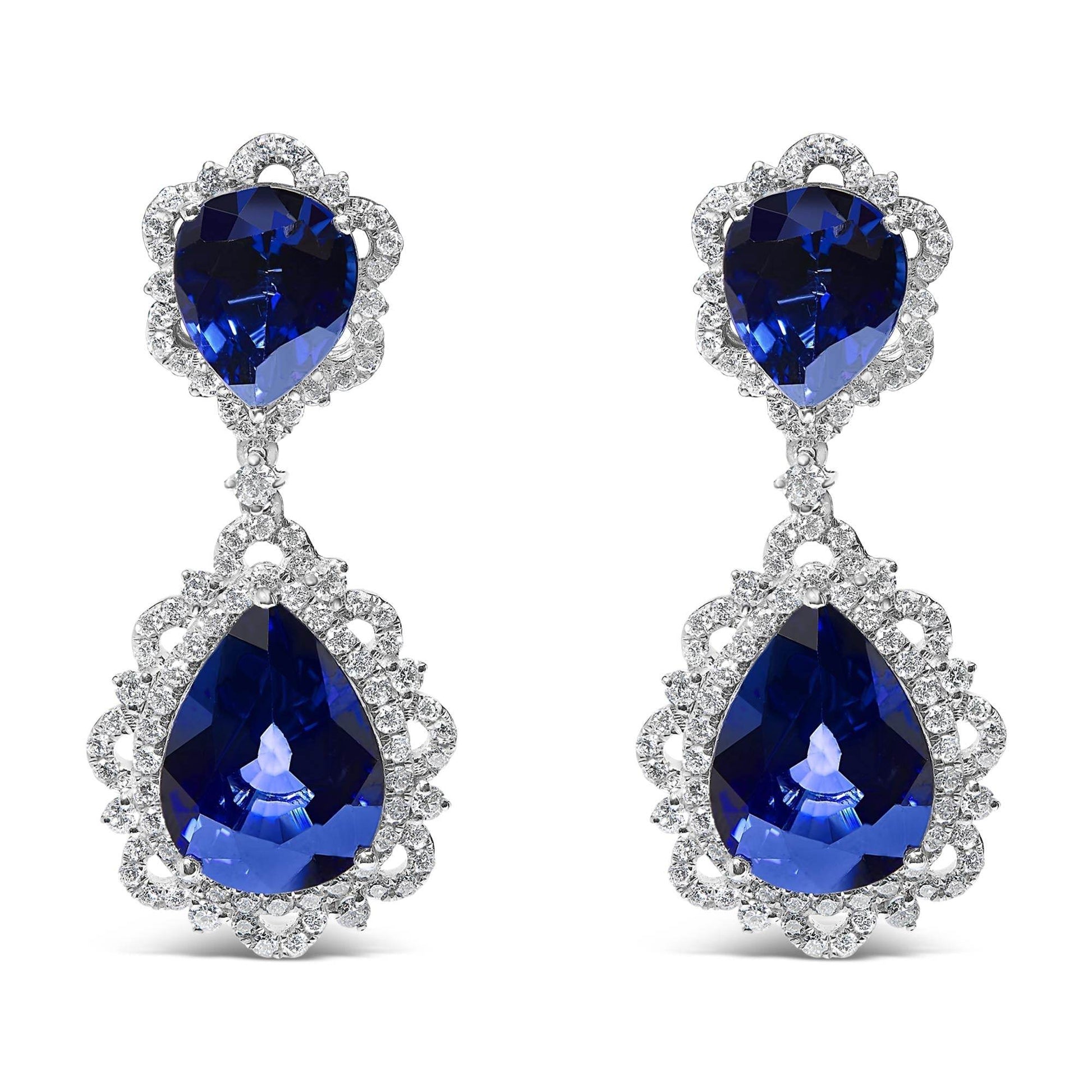 18K White Gold Blue Sapphire and Diamond 2.00 Cttw Diamond Halo Drop and Dangle Earring (G-H Color, SI1-SI2 Clarity) - Bijoux-NYC Direct