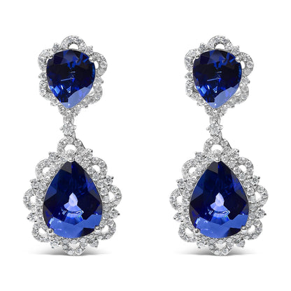 18K White Gold Blue Sapphire and Diamond 2.00 Cttw Diamond Halo Drop and Dangle Earring (G-H Color, SI1-SI2 Clarity) - Bijoux-NYC Direct