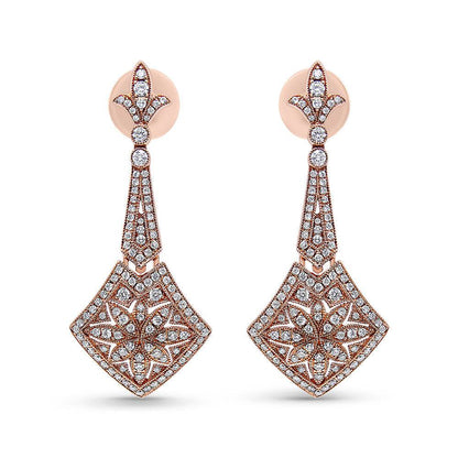 18K Rose Gold 1 1/3 Cttw Diamond Studded Fleur De Lis Trellis Style Drop and Dangle Earring (F-G Color, VS1-VS2 Clarity) - Bijoux-NYC Direct
