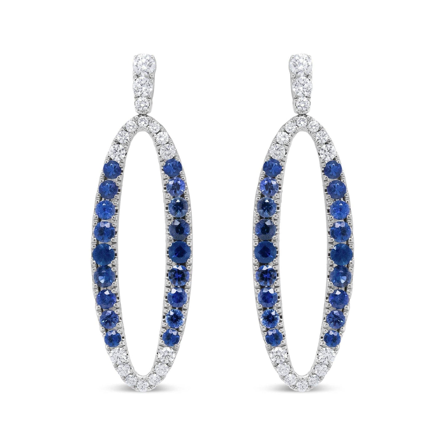 18K White Gold 1.11 Cttw Blue Round Diamond and Blue Sapphire Openwork Oval Shaped Dangle Earrings (F-G Color, VS1-VS2 Clarity) - Bijoux-NYC Direct