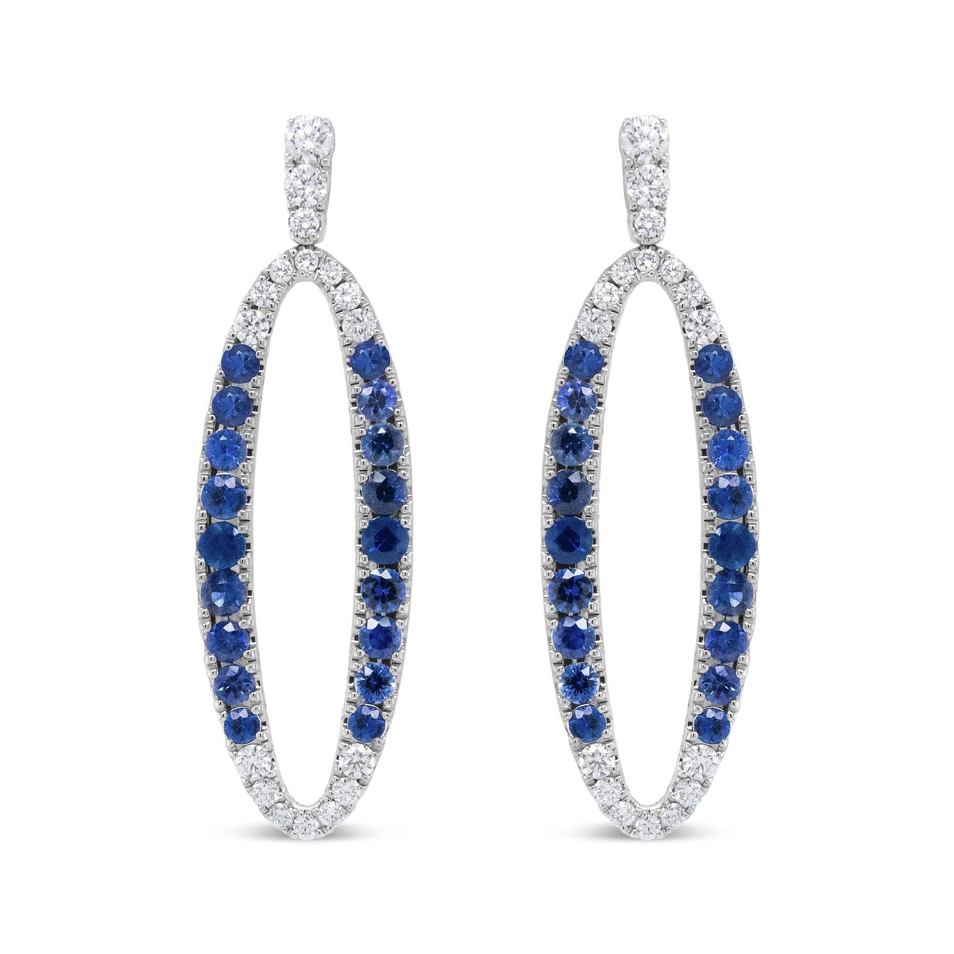 18K White Gold 1.11 Cttw Blue Round Diamond and Blue Sapphire Openwork Oval Shaped Dangle Earrings (F-G Color, VS1-VS2 Clarity) - Bijoux-NYC Direct