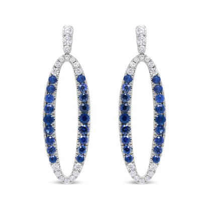 18K White Gold 1.11 Cttw Blue Round Diamond and Blue Sapphire Openwork Oval Shaped Dangle Earrings (F-G Color, VS1-VS2 Clarity) - Bijoux-NYC Direct