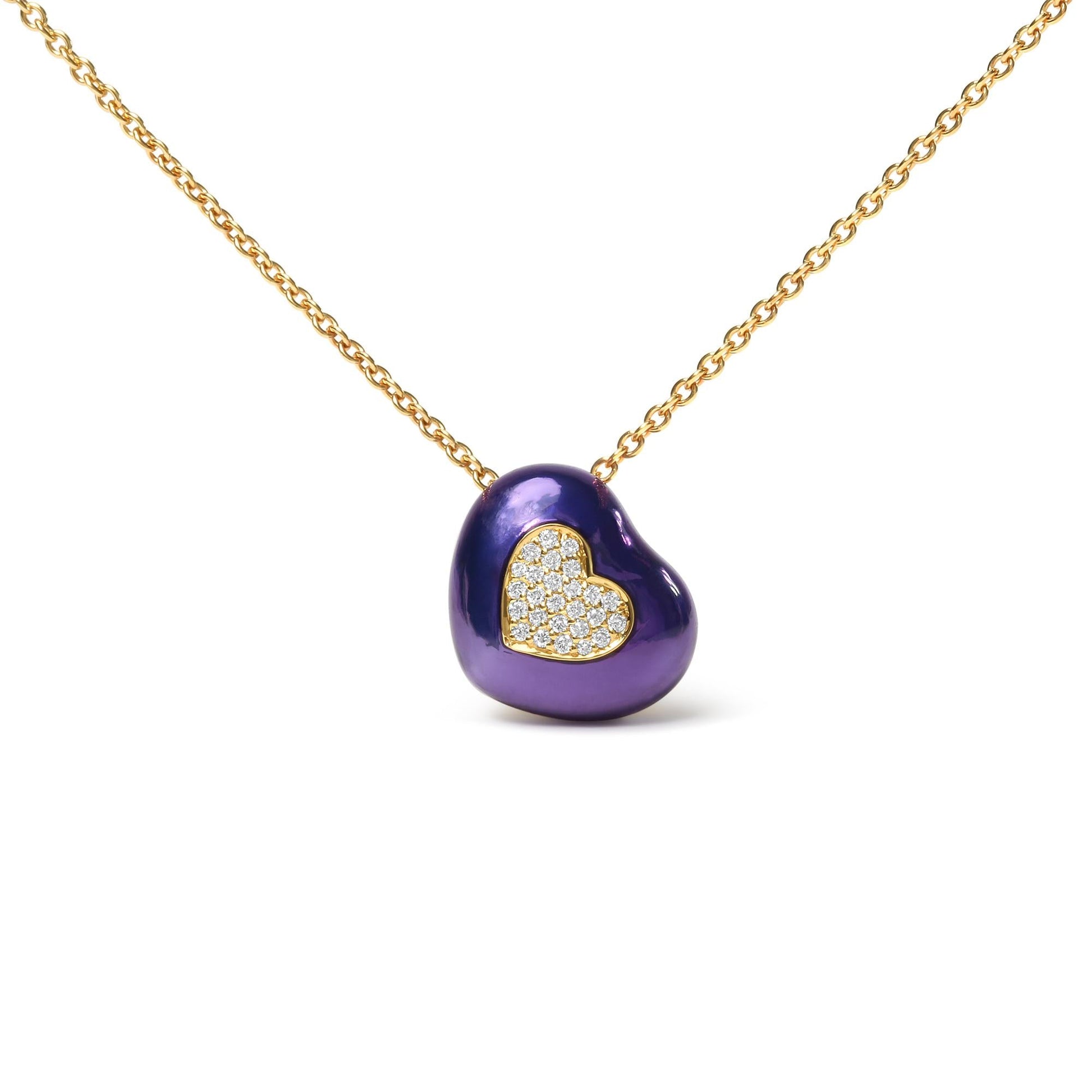 18K Yellow Gold Blue Enamel 1/10 Cttw Round Pave Diamonds Heart Shape 18" Pendant Necklace  (G-H Color, SI1-SI2 Clarity) - Adjustable up to 16" - 18" - Bijoux-NYC Direct