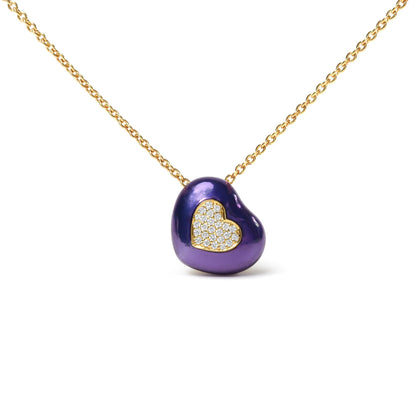 18K Yellow Gold Blue Enamel 1/10 Cttw Round Pave Diamonds Heart Shape 18" Pendant Necklace  (G-H Color, SI1-SI2 Clarity) - Adjustable up to 16" - 18" - Bijoux-NYC Direct
