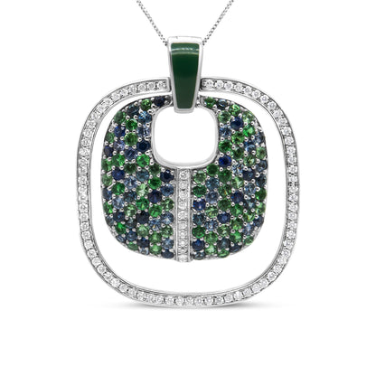 .925 Sterling Silver Green Enamel Pendant with 1/2 Cttw Diamond, Sapphire, and Tsavorite Openwork Statement 18" Pendant Necklace (F-G Color, VS1-VS2 Clarity) - Bijoux-NYC Direct