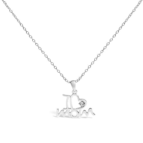 Silver necklace with 'I love mom' pendant on a white background
