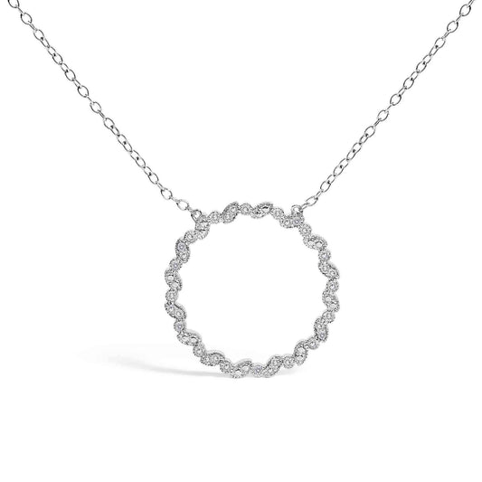 .925 Sterling Silver 1/7 Cttw Lab Grown Diamond Beaded Love Circle Pendant Necklace - Size 18 Inches - Bijoux-NYC Direct