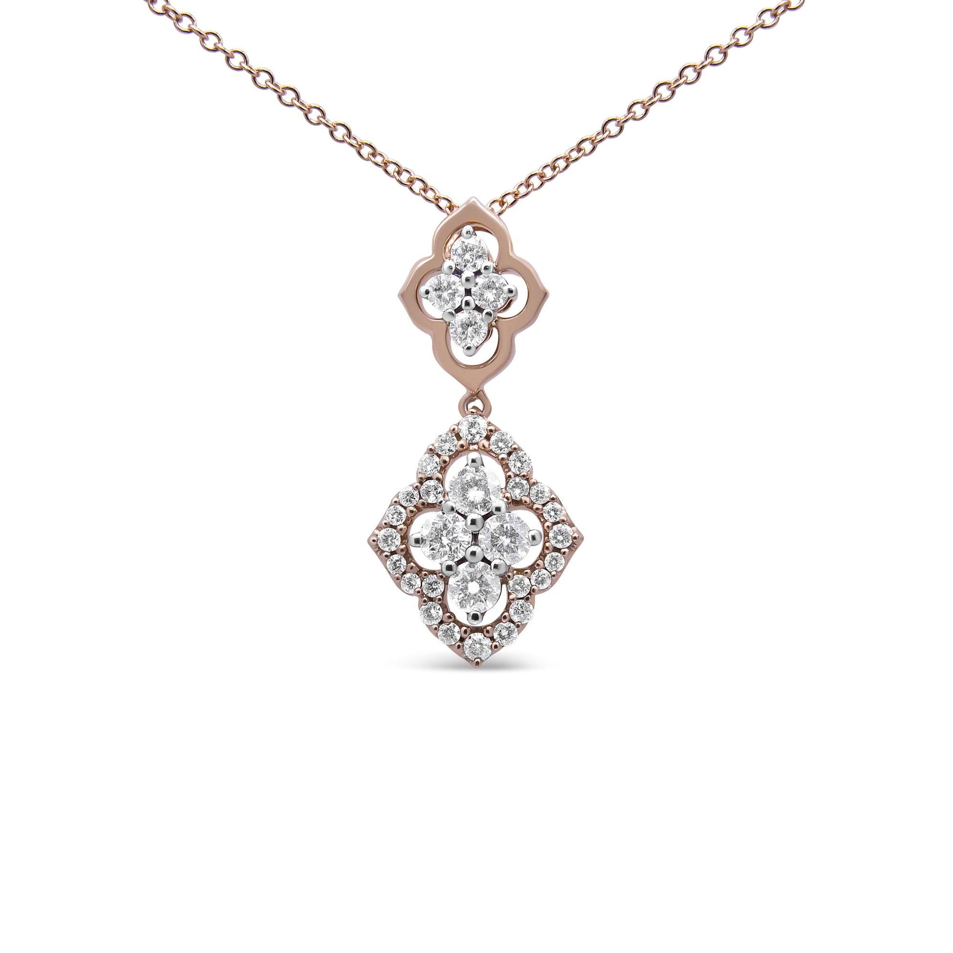 14K Rose Gold 3/4 Cttw Round Diamond Double Quatrefoil Pendant 18" Necklace (H-I Color, I1-I2 Clarity) - Bijoux-NYC Direct