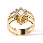 Gold ring with a central gemstone and diamond accents on a white background