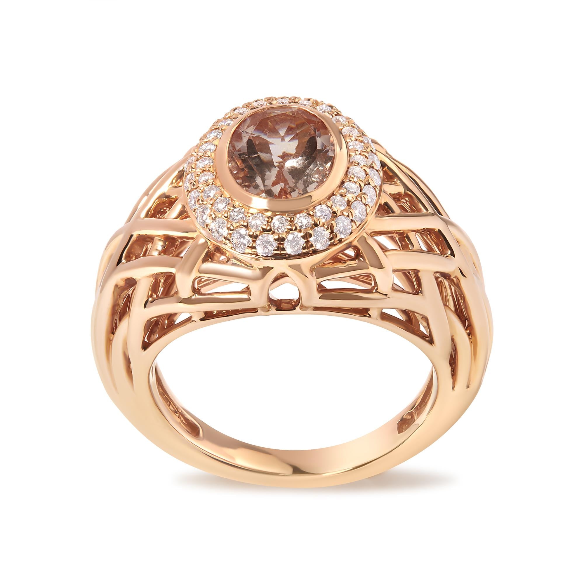 Rose gold ring with a brown gemstone and diamond accents on a white background